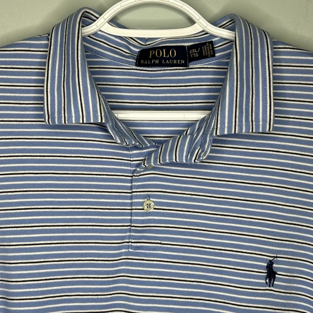 Ralph Lauren Preppy Blue Striped Polo Shirt Cotton‎ Soft Touch Casual XL